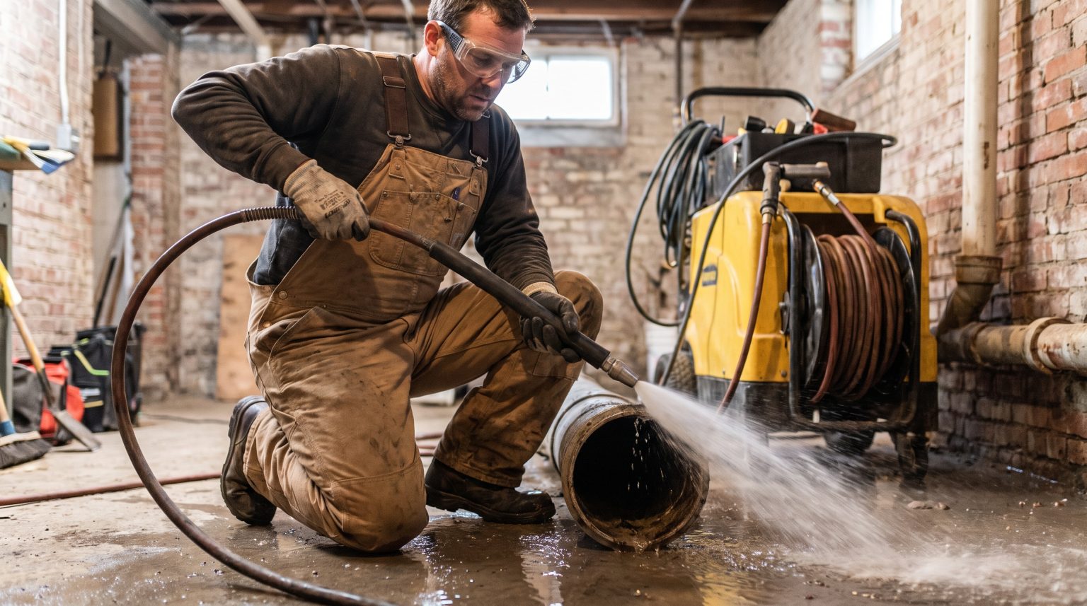 Profesyonel tesisatçı ana pimaş borusunu yüksek basınçlı su jeti ile açarken.